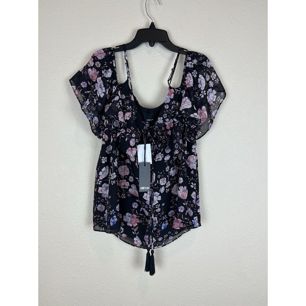 NWT Greylin Womens Medium Cold Shoulder Blouse Floral Shirt w Tassel Cottage Top